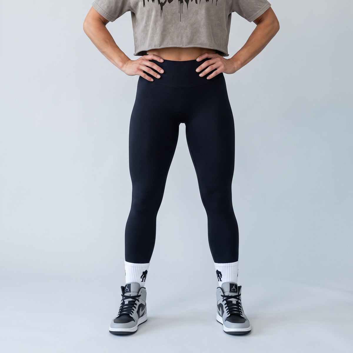 Grey Stone stone wash crop tee with a Black drip logo, full outfit