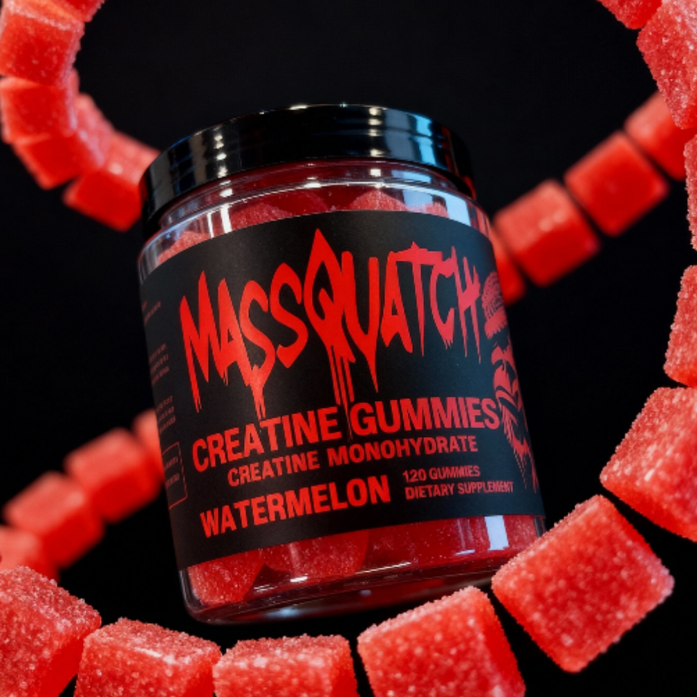 Massquatch Creatine Gummies in a jar, watermelon flavour