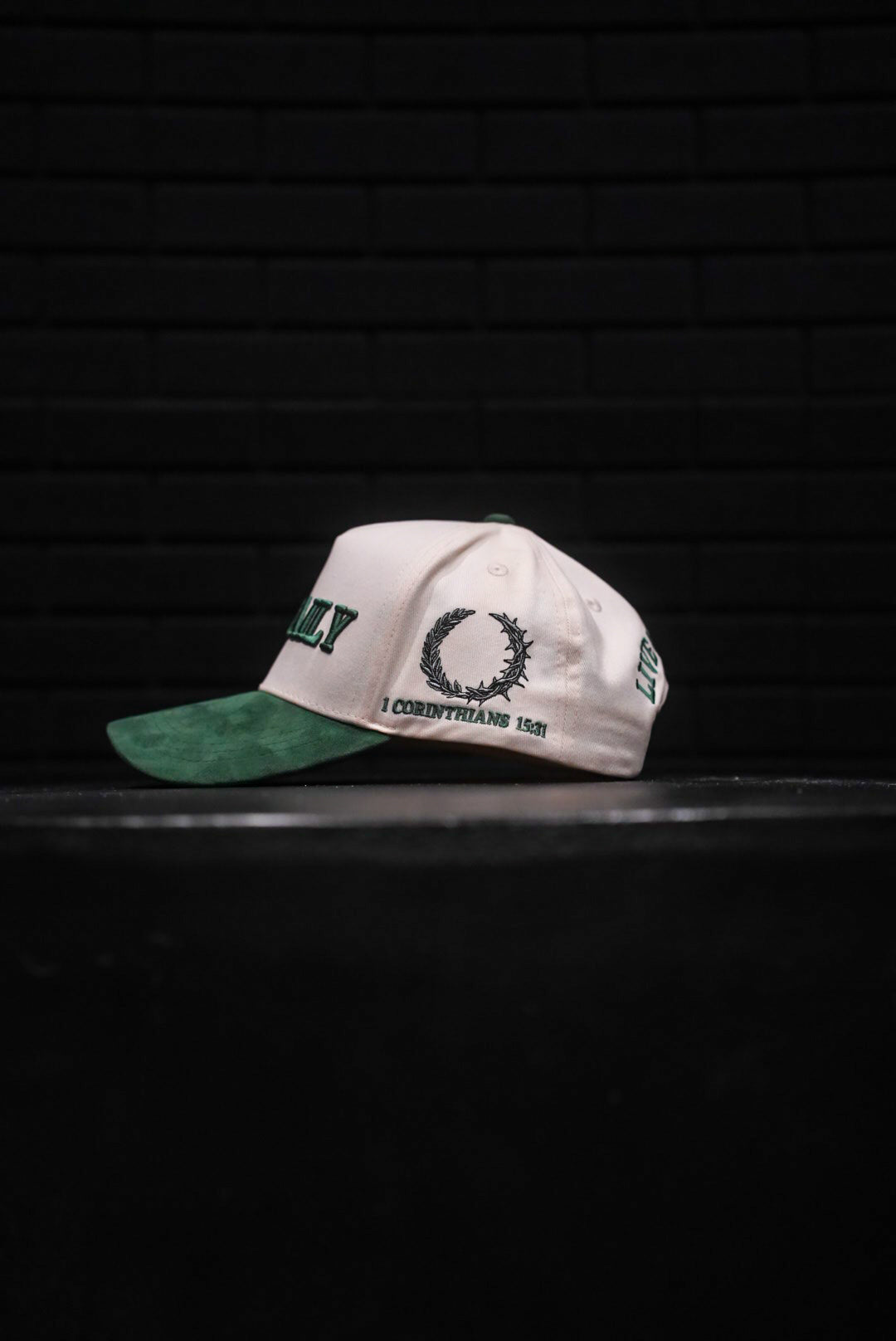 AXIOS — DIE DAILY / LIVE ETERNAL · cream/green suede · 1 Corinthians 15:31