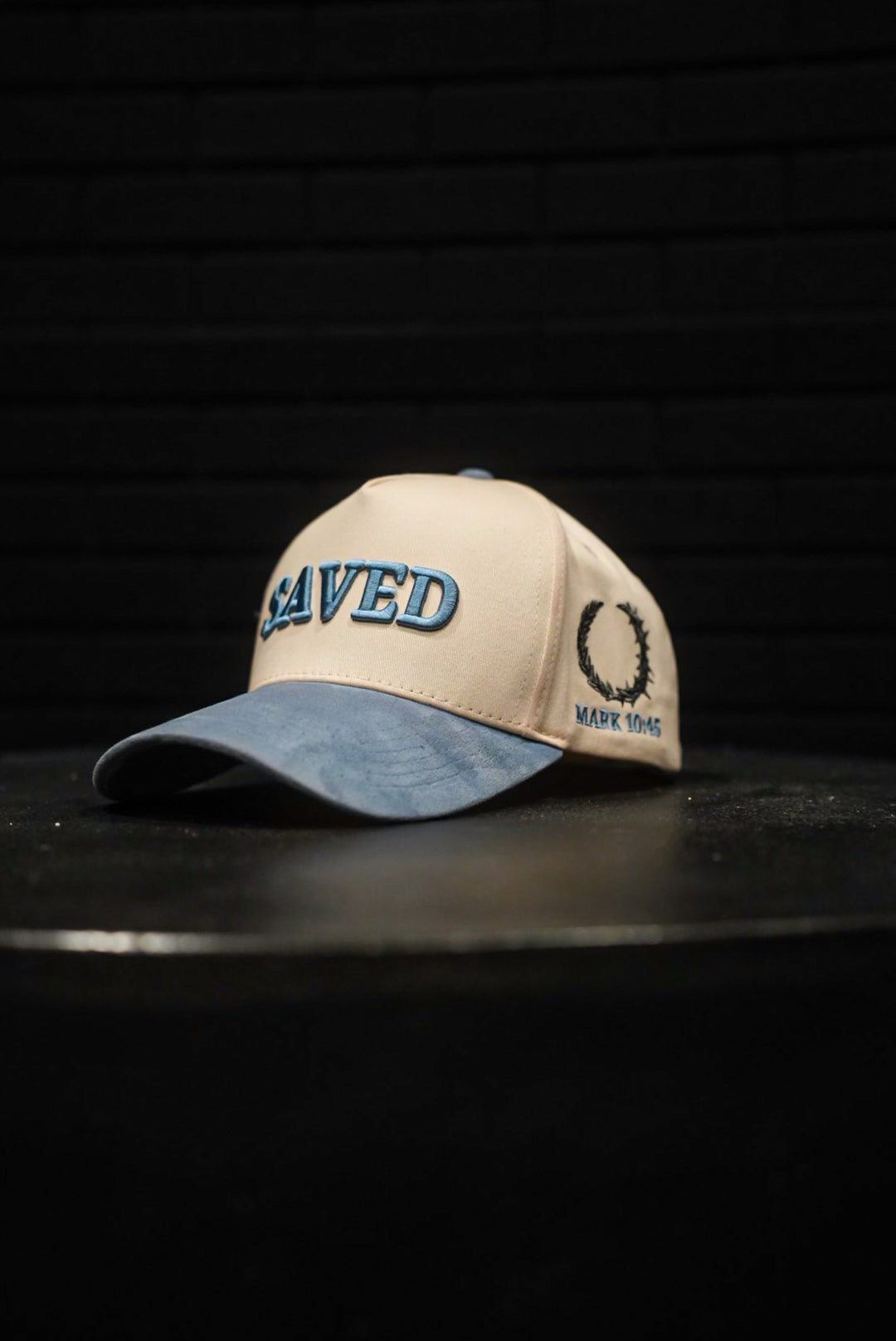 AXIOS — SAVED / TO SERVE · tan/blue suede · Mark 10:45