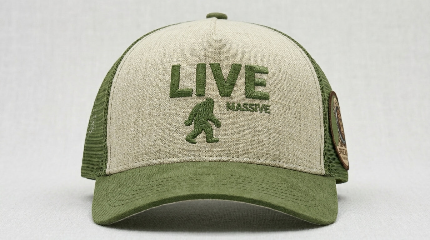 Imagine Farther Live Massive Snap Back Mesh Cap — front view (cream front, olive mesh, embroidered LIVE MASSIVE wordmark)