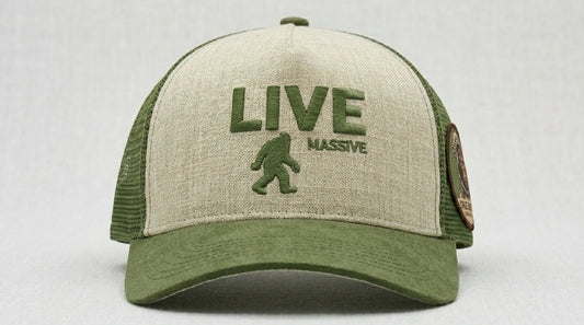Imagine Farther Live Massive Snap Back Mesh Cap — front view (cream front, olive mesh, embroidered LIVE MASSIVE wordmark)