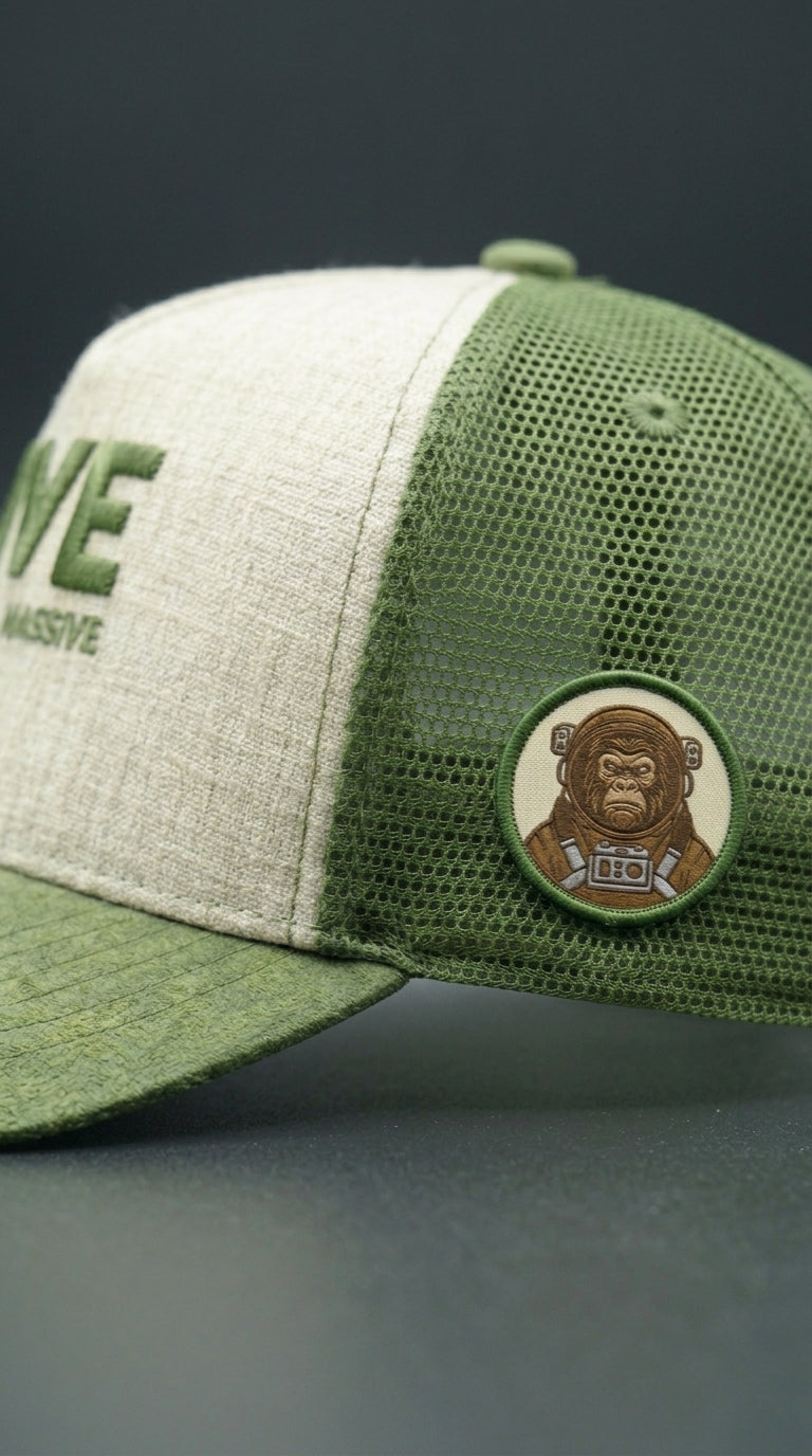 Imagine Farther Live Massive Snap Back Mesh Cap — side detail showing astronaut Massquatch patch