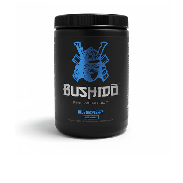 Bushidō Pre-Workout — Blue Raspberry (blue mempo, black canister, dietary supplement)