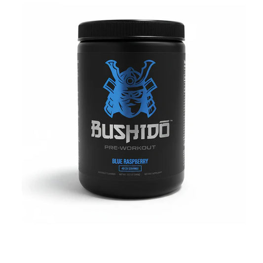 Bushidō Pre-Workout — Blue Raspberry (blue mempo, black canister, dietary supplement)