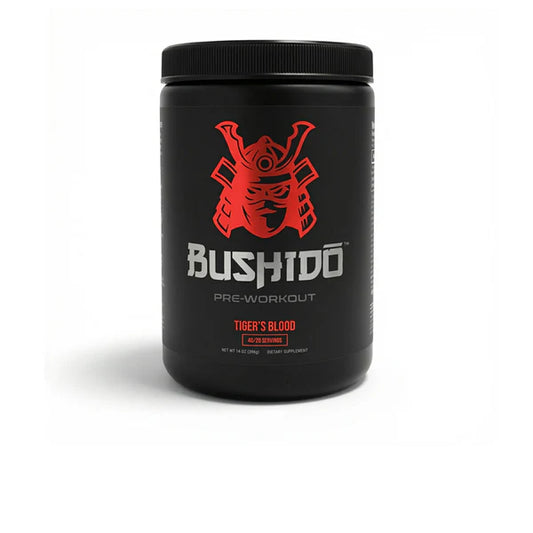 Bushidō Pre-Workout — Tiger's Blood (red mempo, black canister, dietary supplement)