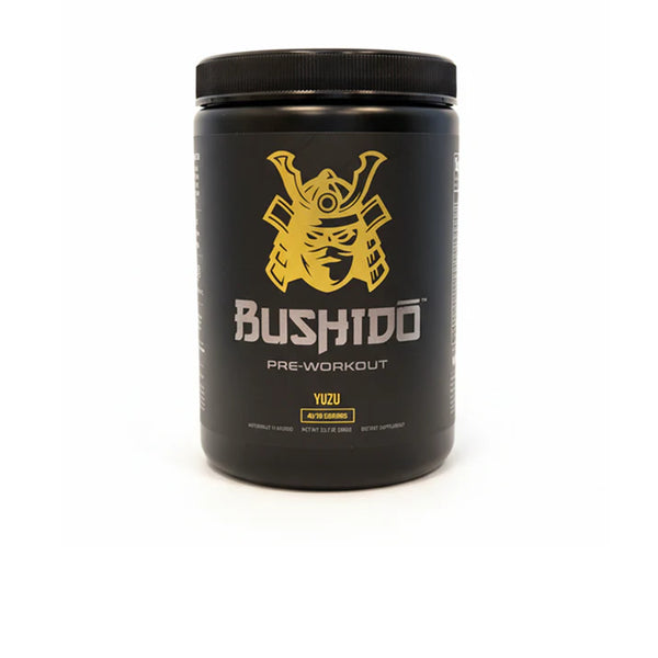 Bushidō Pre-Workout — Yuzu (gold mempo, black canister, dietary supplement)