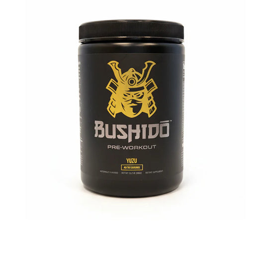 Bushidō Pre-Workout — Yuzu (gold mempo, black canister, dietary supplement)