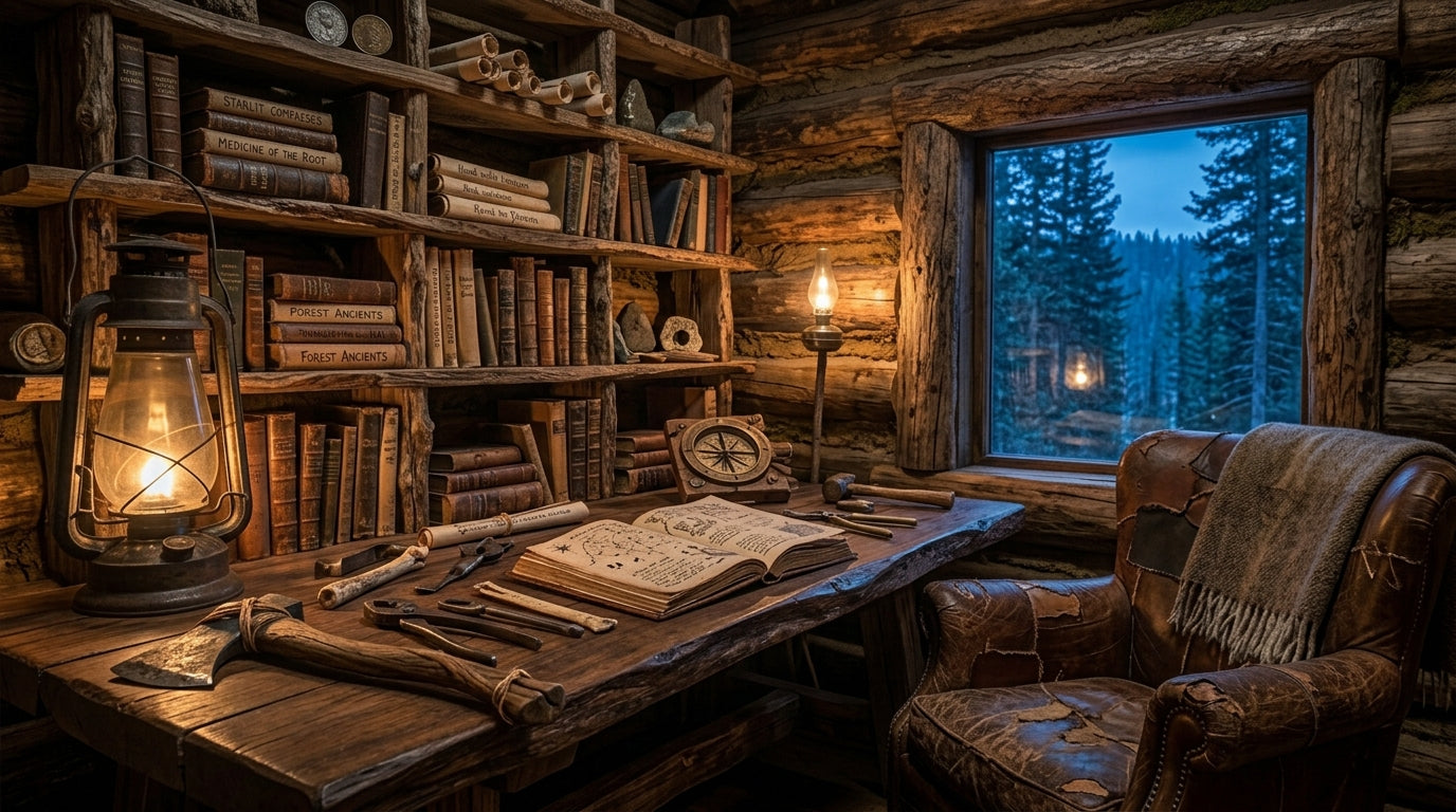 Massquatch — rugged cabin hero, forest aesthetic