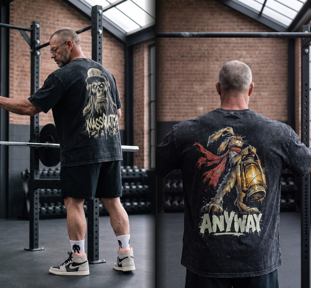 Skull Tee back and Anyway Tee back worn by a model in a gym