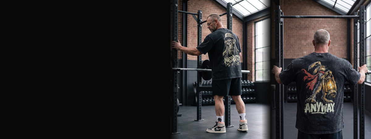 Skull Tee back and Anyway Tee back worn by a model in a gym