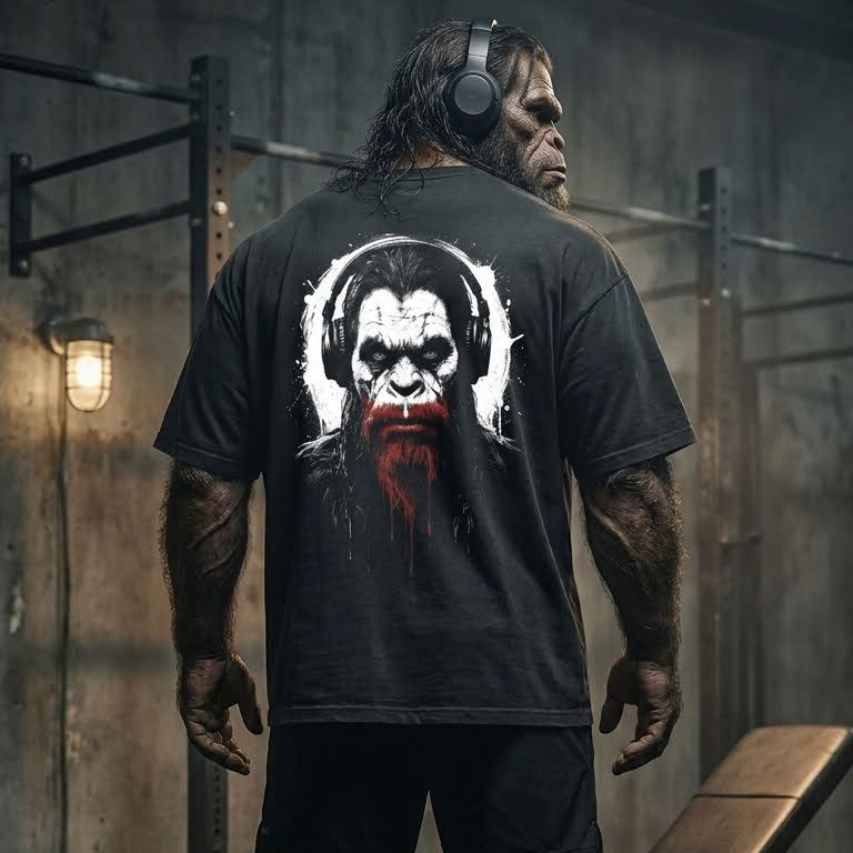 Plate-Spinner Tee — modeled back, MASSQUATCH headphones head print