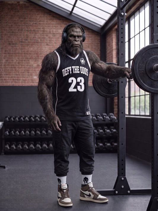 Massquatch wearing the Defy The Odds jersey, front (AI-generated render of the real design)