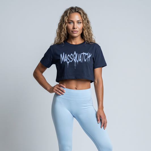 Navy baby tee with an Ice Blue drip logo, worn