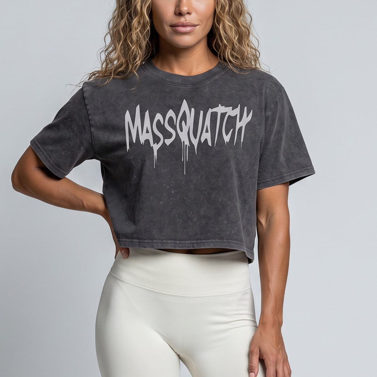 Black Stone stone wash crop tee with an Off White drip logo, print close-up