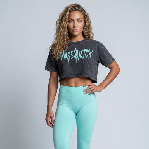 Massquatch Drip Stone Wash Crop Tee, Black Stone / Mint Green