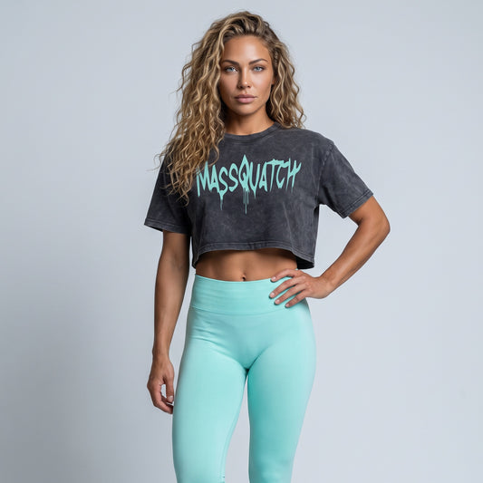 Black Stone stone wash crop tee with a Mint Green drip logo, worn