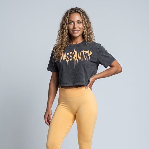 Massquatch Drip Stone Wash Crop Tee, Black Stone / Yellow