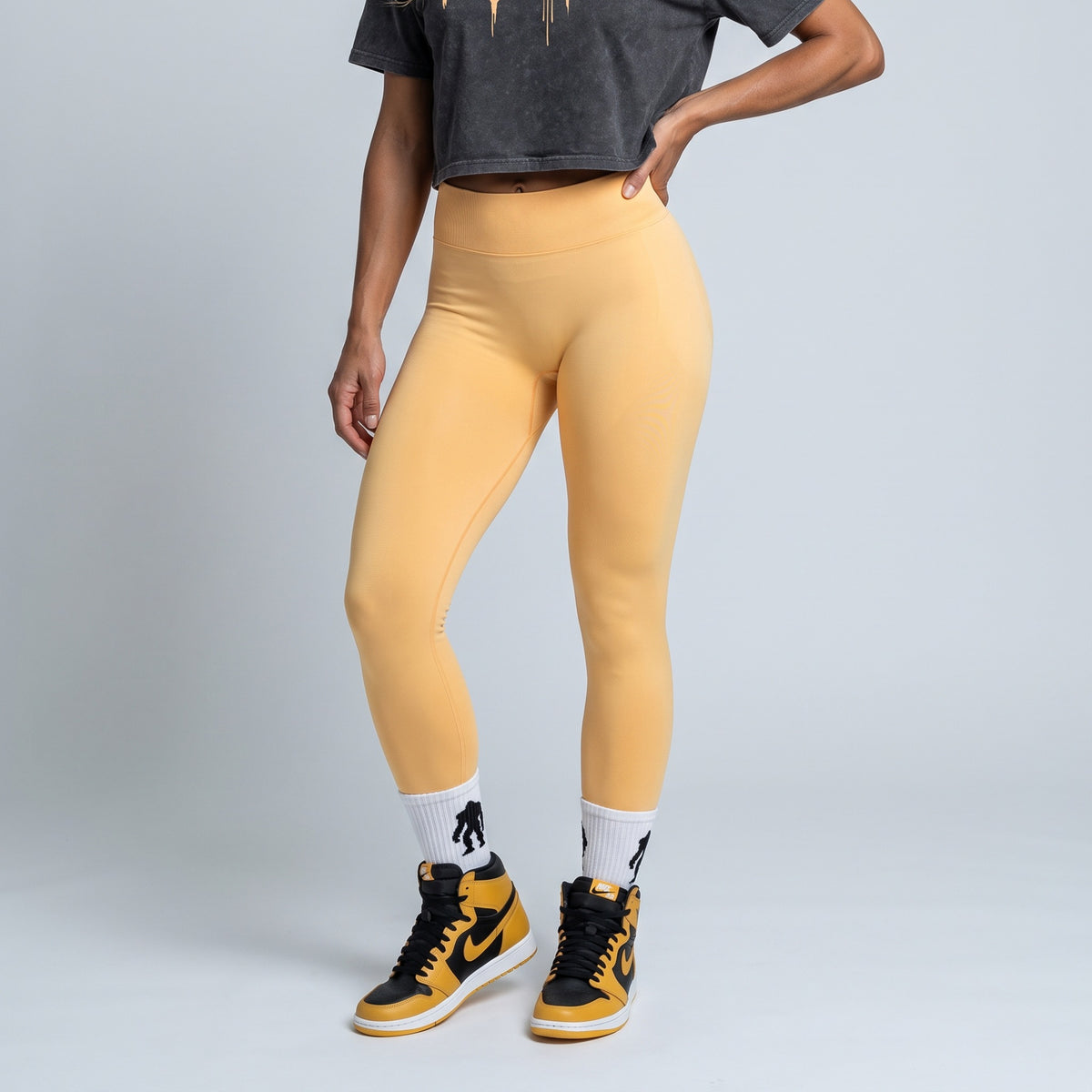 Black Stone stone wash crop tee with a Yellow drip logo, full outfit