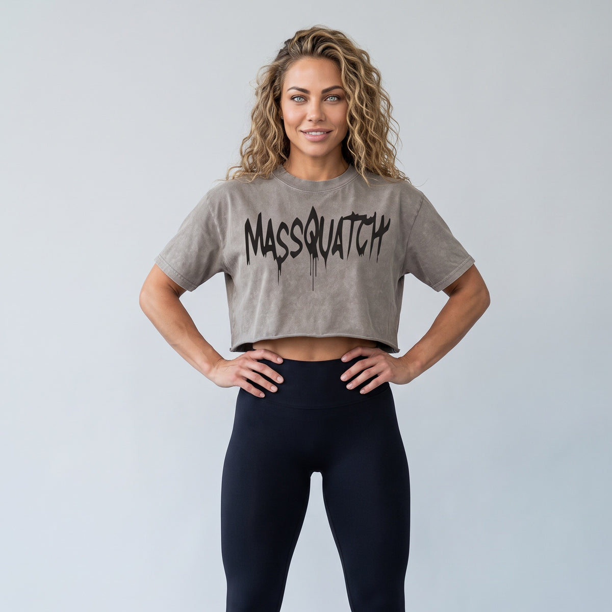 Grey Stone stone wash crop tee with a Black drip logo, worn