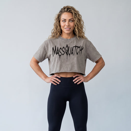 Grey Stone stone wash crop tee with a Black drip logo, worn