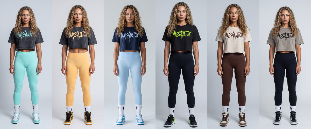 Six Massquatch crop tee and yoga pants outfits