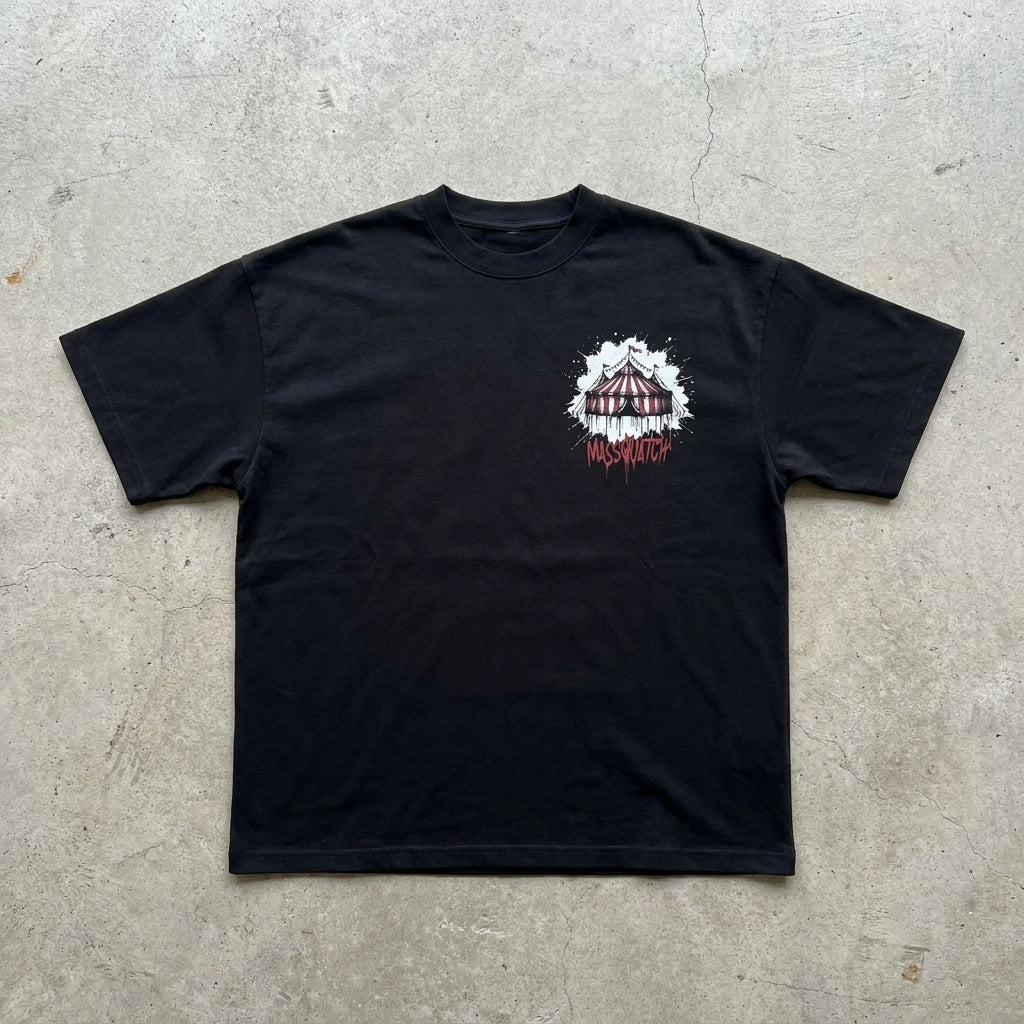 Plate-Spinner Tee — front, heavy boxy drop-shoulder oversize, MASSQUATCH operator chest print