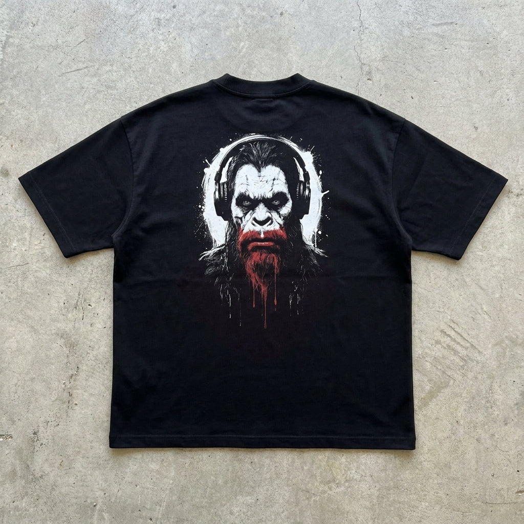Plate-Spinner Tee — back, MASSQUATCH headphones head print on solid black