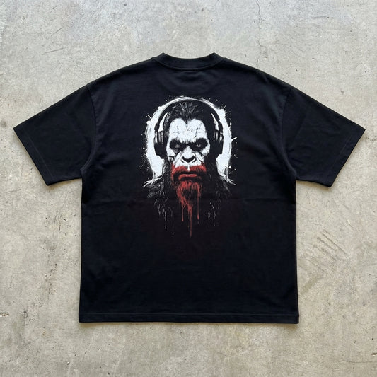 Plate-Spinner Tee — back, MASSQUATCH headphones head print on solid black