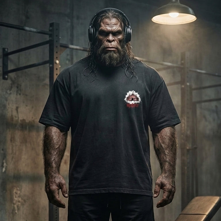 Plate-Spinner Tee — modeled front, oversize boxy drop-shoulder, MASSQUATCH operator chest print